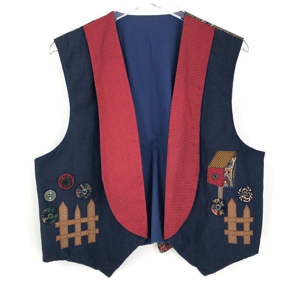 Country Christmas Vest Womens Large Blue Red Paisley Sleeveless Birdhouse Fence